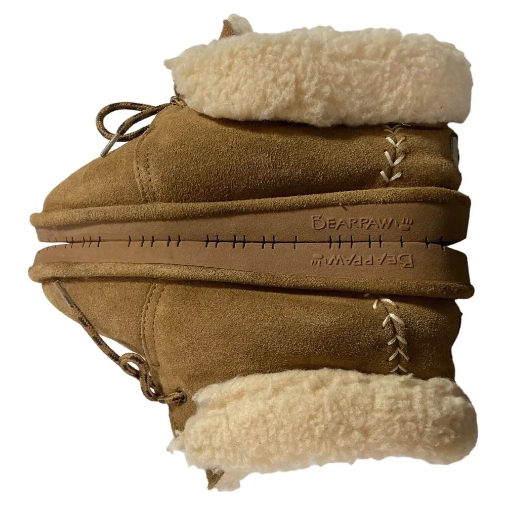 BEARPAW Kory Low Top Brown Suede Wool Blend Lining Moccasin Boots Youth 4